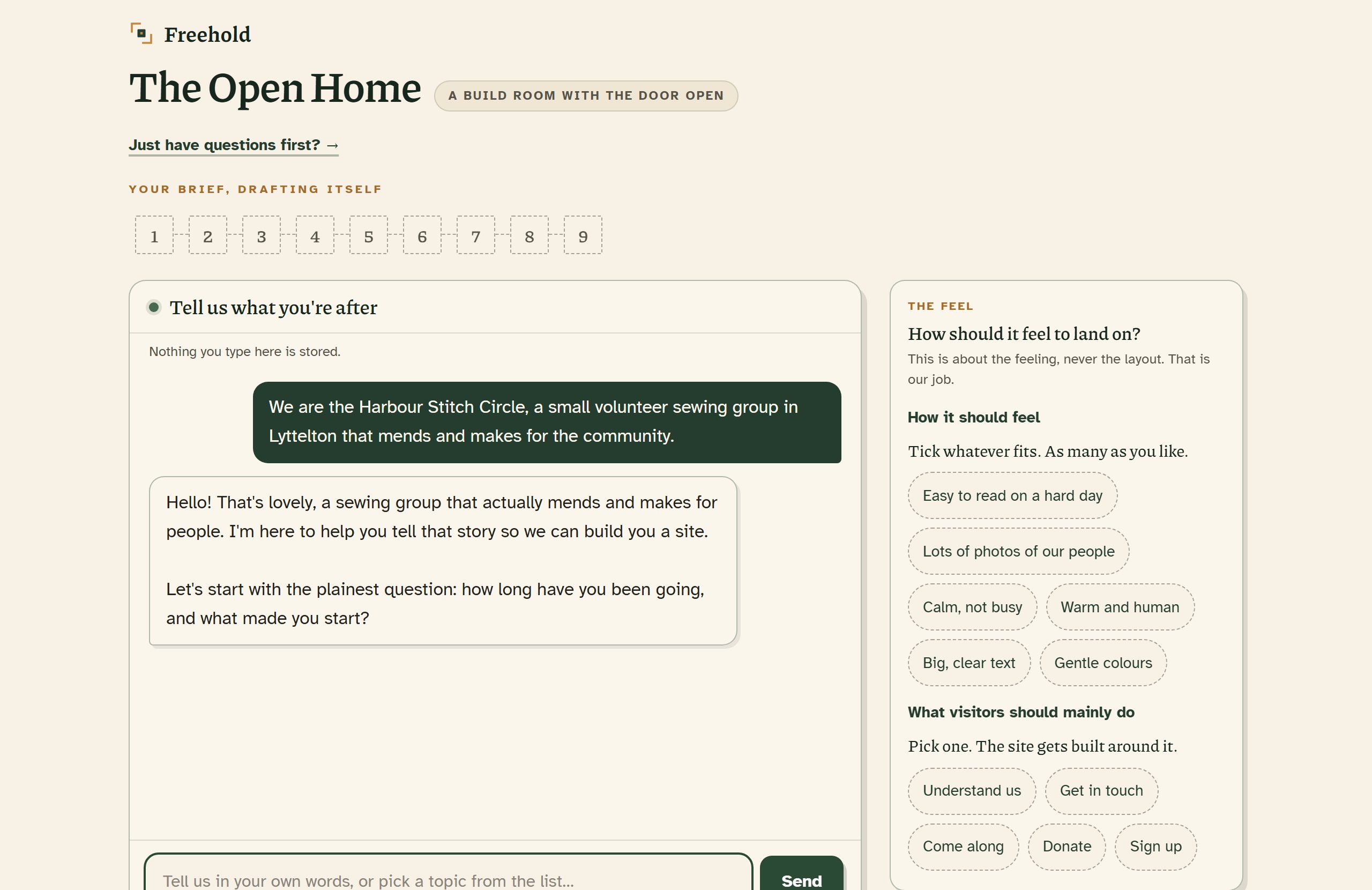 The Open Home mid-conversation: the visitor introduces their group in one sentence and the room replies warmly, asking about their people next.