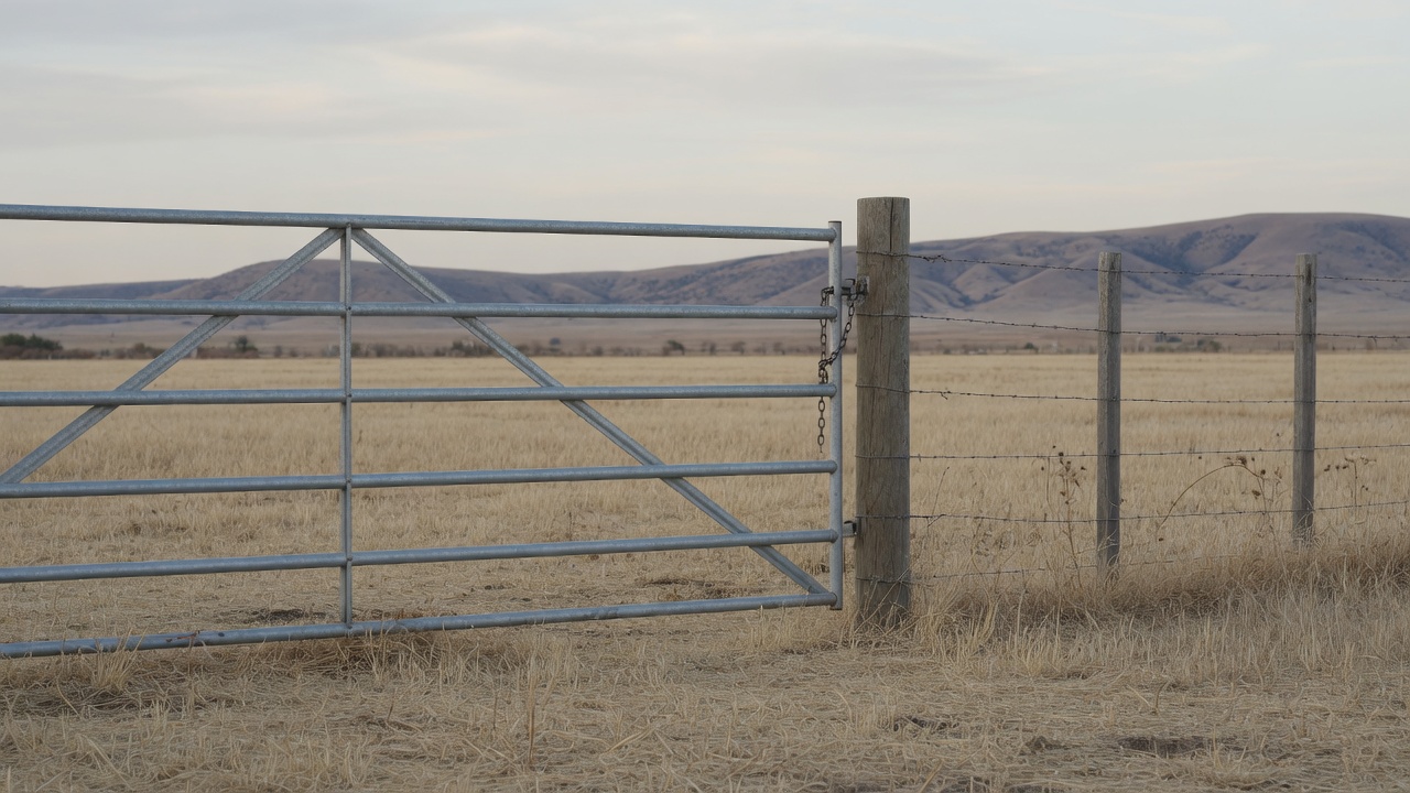 A generated picture of a closed galvanised farm gate in a wire fence, with dry paddock and low brown hills behind it.