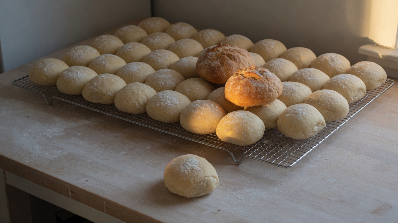 Rows of bread rolls and two round loaves at rest on a wire cooling rack on a scrubbed timber bench, with one roll sitting on its own on the bench in front.