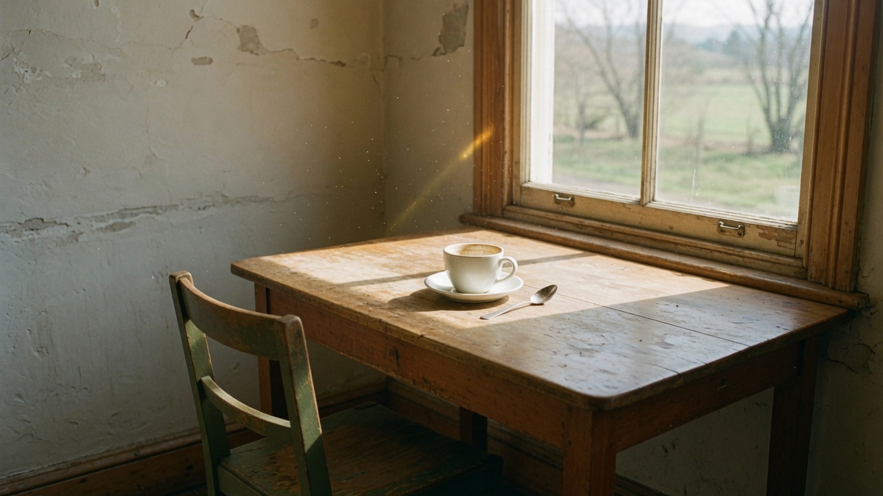 A small cafe table against a tall window in early morning, with one cup and saucer on it, a spoon beside them and a wooden chair pushed back; low sun cuts a band across the table.