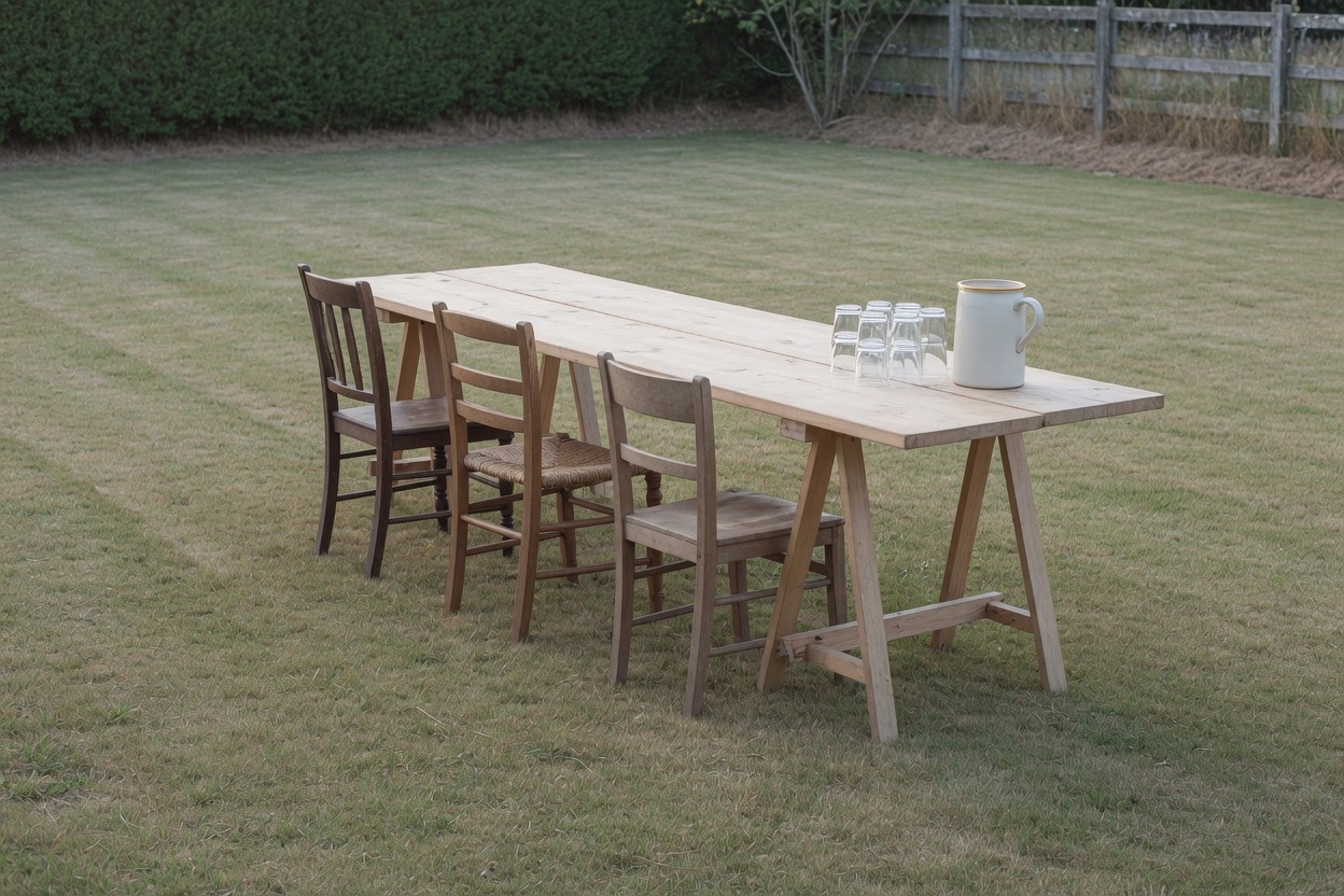 A long trestle table set out on cut grass in a sheltered garden with mismatched chairs along one side, a jug and a stack of glasses at one end, nobody there yet.