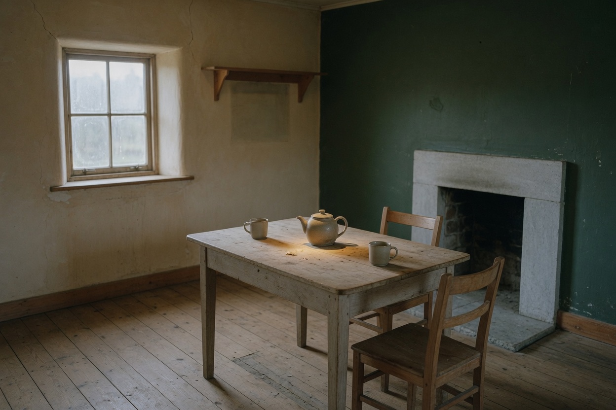 A plain wooden kitchen table with a stoneware teapot and two cups, two empty chairs pulled out, morning light, nobody in the room.