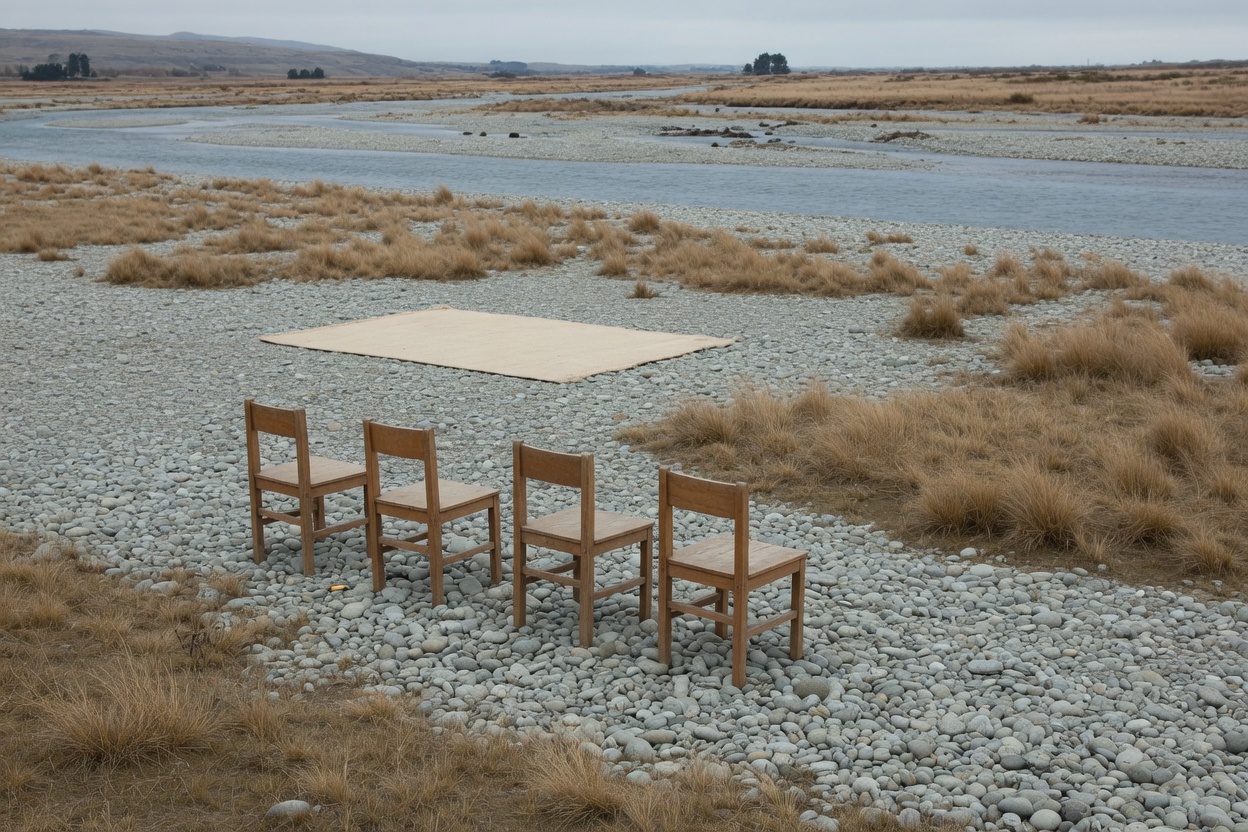 A woollen rug laid flat on the shingle of a braided river bed with four plain wooden chairs in a row beside it, dry tussock and flat grey water behind, nobody there.
